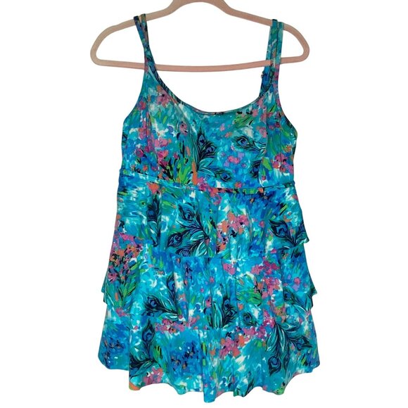 Inches Away Womens Size 12 Blue Tropical Tiered Swimsuit Dress Built-In Padded C - Picture 1 of 12